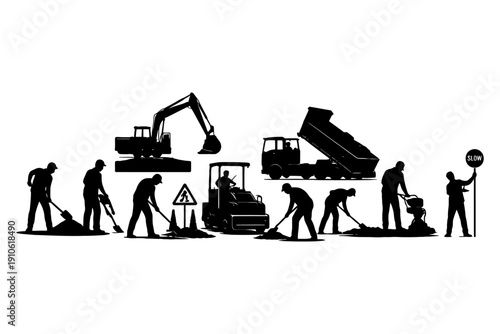 Silhouettes of construction workers and vehicles at work.