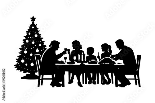 Family celebrating christmas dinner with tree silhouette.