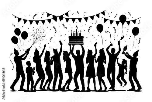 Silhouette of people celebrating birthday with cake and balloons.