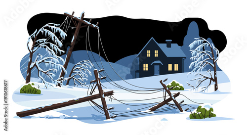 Illustration depicting a severe winter storm aftermath with fallen power poles and lines, causing a blackout to a house at night.