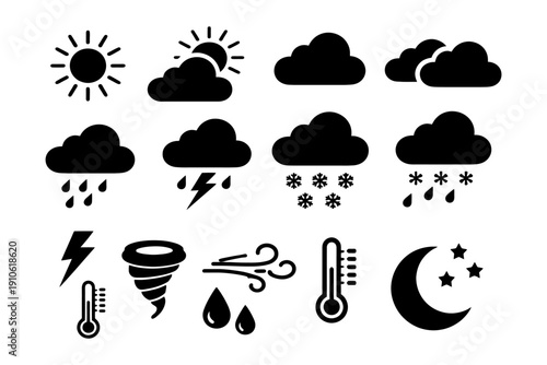 Weather icons set: sun, clouds, rain, snow, thunder, wind, temperature, moon.