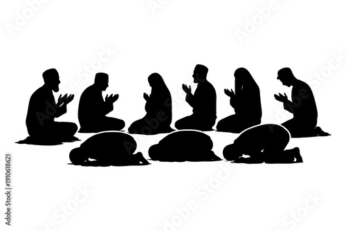 Silhouette of diverse individuals in prayer on white background.