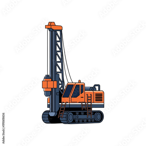 An illustration of an orange drilling rig on tracks operates outdoors.