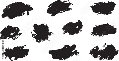 Collection of nine dark grey rough abstract ink brush strokes scattered across a white background canvas