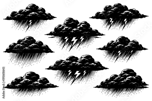 Vintage storm clouds with lightning and rain illustration.