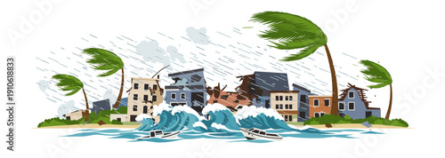 A vibrant cartoon illustration depicting a coastal town devastated by a powerful tsunami and hurricane, showcasing the destructive force of nature.