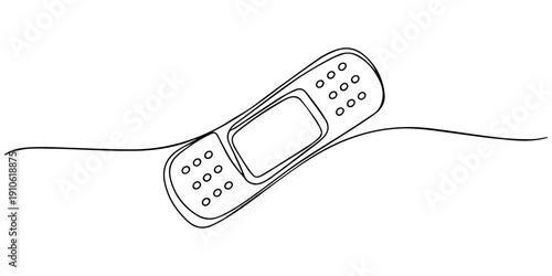 Adhesive bandage continuous one line drawing, one time bandage strip continuous one line drawing, Hand-Drawn Medical Bandage Illustration, One continuous line drawing of bandage . Single line