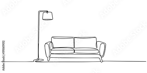 Sofa with Floor Lamp continuous one line drawing, Isolated a Continuous one line drawing of Sofa with lamp lampshade and home plant. Modern interior and heim furniture in simple Linear style. Doodle