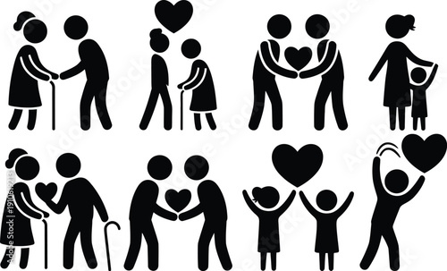 Collection of stick figure icons representing love care and family for elderly and children