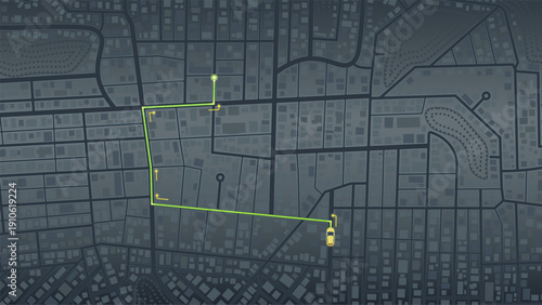 Dark Gray Top Down City Map with Green Navigation Route Line and Yellow Car Icon Moving Along Streets. Vector illustration.