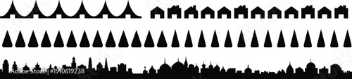 City skyline silhouette set, urban skyline vector collection, houses trees tents shapes, architecture horizon illustration, black skyline design isolated on white background