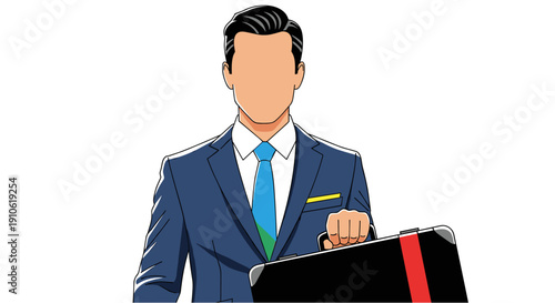 Professional businessman in a sharp blue suit and vibrant tie, holding a sleek black briefcase, ideal for corporate and financial themes.