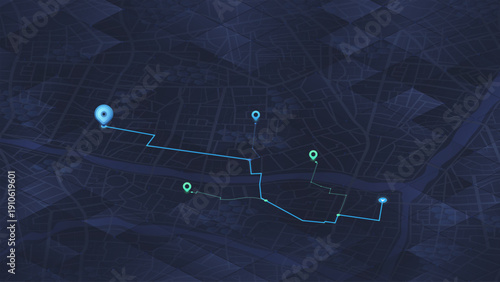 Blue City Map with Cyan Glowing Navigation Route and Multiple Colored Location Pins. Vector illustration.