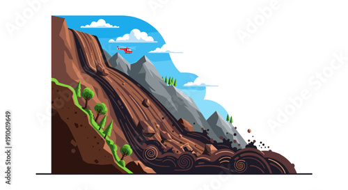 Dynamic illustration depicting a catastrophic landslide event with earth, rocks, and debris cascading down a steep mountain slope under a blue sky, showcasing natural disaster.