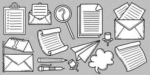 Office stationery and mail doodle set vector illustration. Stationery and office supply line art bundle