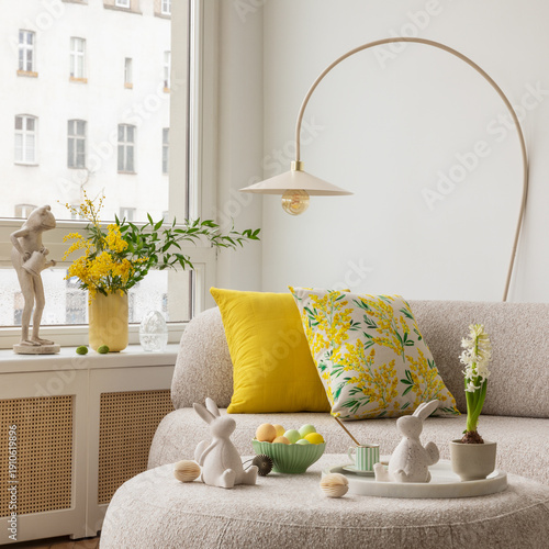 Easter Home Decor With Yellow Flowers in a Living Room Interior
