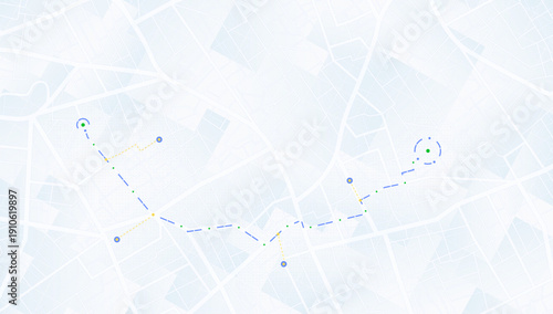Light Blue City Map with Multiple Waypoints and Dashed Navigation Lines Between Green and Blue Markers. Vector illustration.