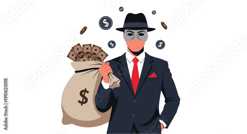 An enigmatic figure in a fedora and suit, carrying a large bag overflowing with money, symbolizing illicit wealth and hidden transactions.