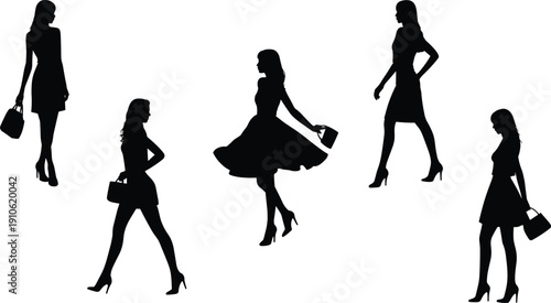 Elegant women fashion silhouettes collection isolated on white background, stylish female models walking with handbags, modern fashion pose illustration set for design