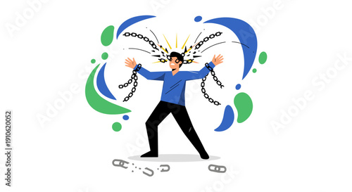 A man triumphantly breaks free from chains, symbolizing liberation, overcoming obstacles, and achieving personal freedom in a vibrant illustration.