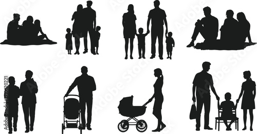 Family silhouettes set, parents and children collection with stroller, walking and sitting poses isolated black vector illustration for family lifestyle design elements