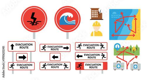 A comprehensive collection of emergency and disaster preparedness icons, including evacuation routes, warning signs, and first aid kits, designed for safety awareness.