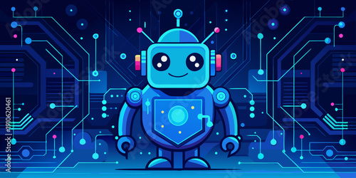 A futuristic blue robot standing in a high-tech digital environment with glowing elements.