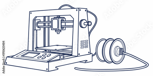 A detailed illustration of a 3d printer with a spool of filament beside it.