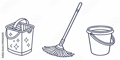 A variety of cleaning tools including a bucket, mop, and dustpan.