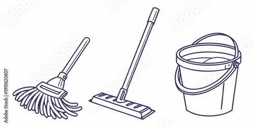 A variety of cleaning tools including a broom, mop, and bucket