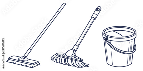 Three cleaning tools including a mop, broom, and bucket for household chores