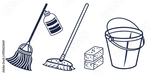 Cleaning tools and supplies arranged on a white background