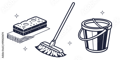 A variety of cleaning tools including a sponge, broom, and bucket.
