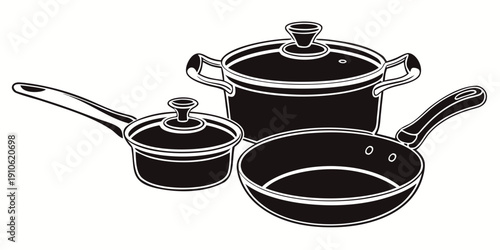 A set of three black pots and pans with lids and handles on a white background