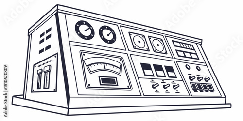 Vintage control panel with various dials, switches, and indicators