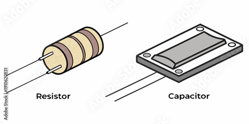 Diagram of a resistor and a capacitor with labels and descriptions