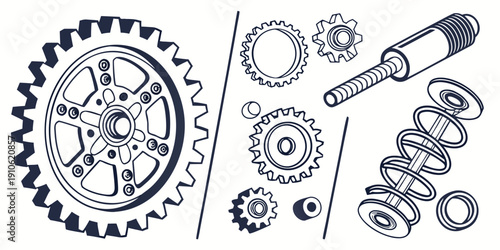 Detailed illustration of various mechanical gears and their components.