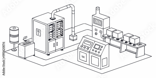 Industrial machinery setup with various interconnected components and control panels