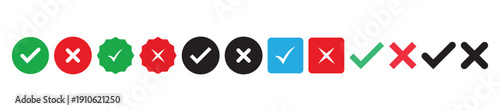 Green check mark, red cross mark icon set. Isolated tick symbols, checklist signs, approval badge. Flat and modern checkmark design, vector illustration. 