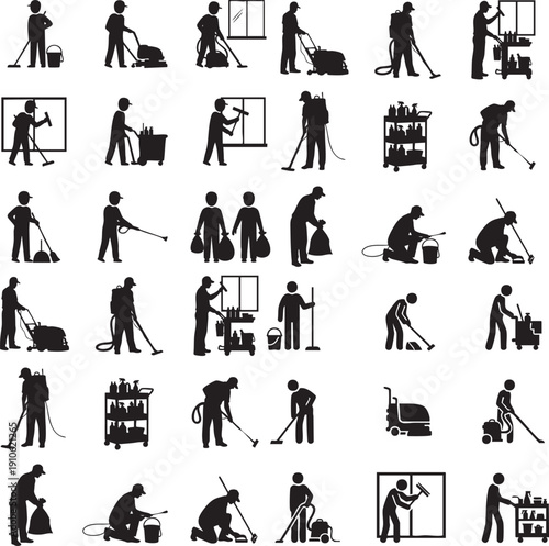 Professional Cleaning Service Workers Silhouette Set with Equipment and Tools