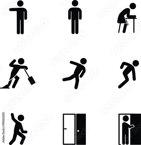 Human stick figure icon set with various actions isolated on white background, simple people vector illustration collection design