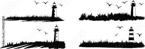 Lighthouse silhouette set with coastal landscape and flying birds isolated on white background, maritime beacon vector illustration collection design