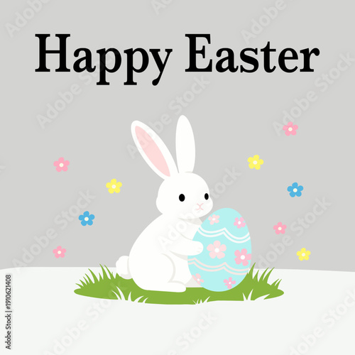 Adorable flat illustration of a white bunny hugging a decorated Easter egg surrounded by colorful flowers. Ideal for Easter greeting cards, children’s books, social media posts, and spring holiday 