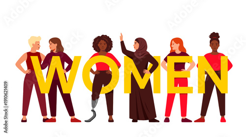 Celebrating the strength and diversity of womanhood through typography and illustration. Six women of diverse backgrounds standing together with the word WOMEN in front of them