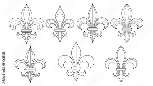Collection of decorative fleur-de-lis heraldic symbols in black and white line art style isolated on a plain white background for design.