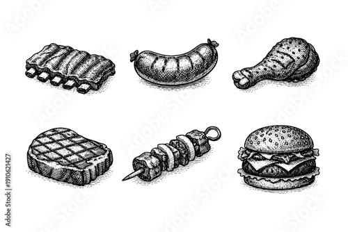 Vintage meat and grill engraving set, antique butchery sketches and barbecue food in woodcut style