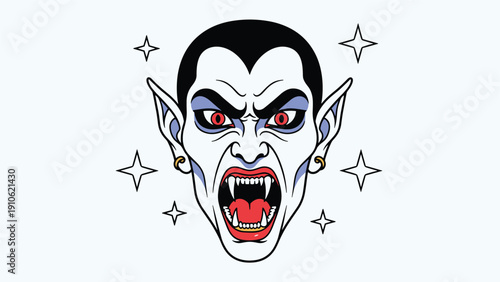 Scary vampire head illustration with glowing red eyes and sharp fangs surrounded by sparkling stars for Halloween horror theme.