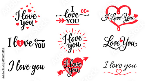 Collection of I love you signs, symbols, and typographic designs, perfect for expressing love and affection