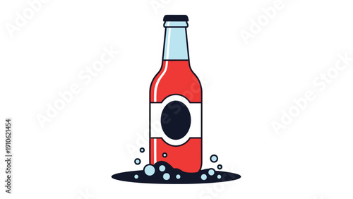 Red glass bottle with a black cap and white label standing in a puddle of bubbles and liquid on a white background.