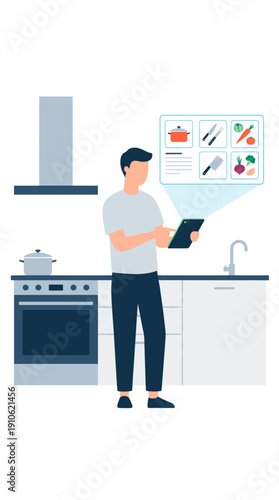 Man in a kitchen using a tablet to follow a cooking recipe. He looks focused and ready to prepare a meal